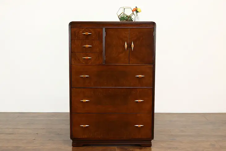 Art Deco Waterfall Vintage Highboy or Tall Chest, Bakelite Pulls #40453