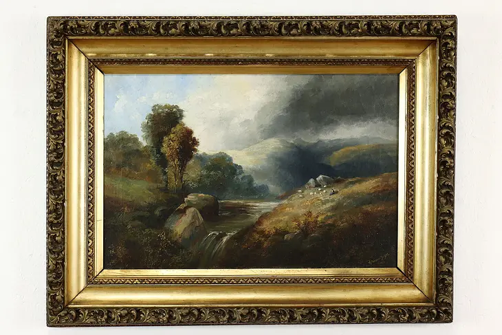 British Highland Waterfall Antique Original Oil Painting, Griffiths 41" #40358
