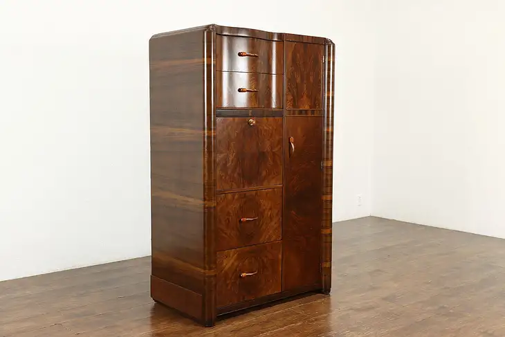 Art Deco Vintage Waterfall Chifferobe Armoire Cedar Closet & Desk #40067