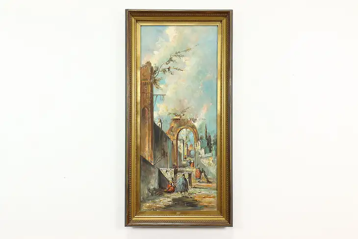 Italian Street Scene & Ruins Vintage Original Oil Painting, 55"  #39976