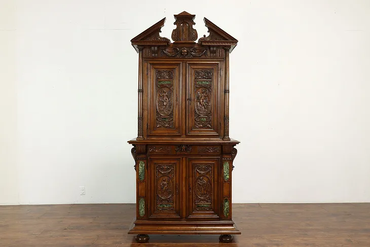 Italian Renaissance Antique Carved Walnut Cupboard, Cabinet, Marble Inlay #40176