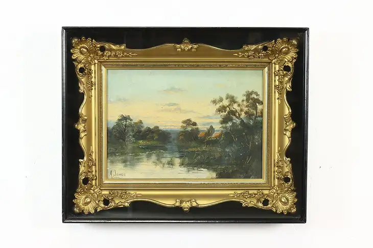 Cottage on Lake Antique Original Oil Painting, Shadowbox, Jones 20.5" #39889