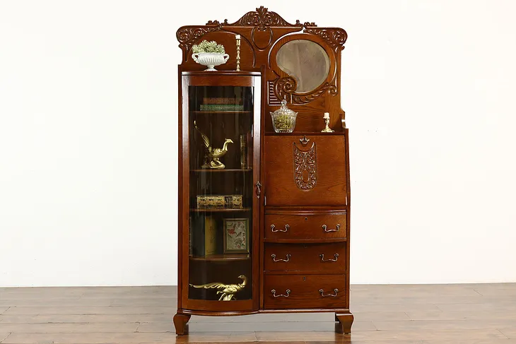 Victorian Antique Oak Side by Side Secretary Desk & Bookcase Curved Glass #38879