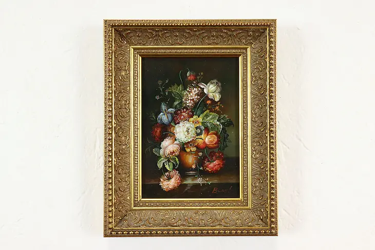 Still Life of Flowers in Vase Vintage Original Oil Painting, Signed 10" #40539