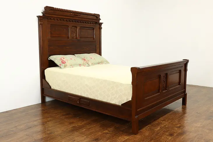 Victorian Eastlake Antique Carved Queen Size Bed, Carved Squirrels #40556