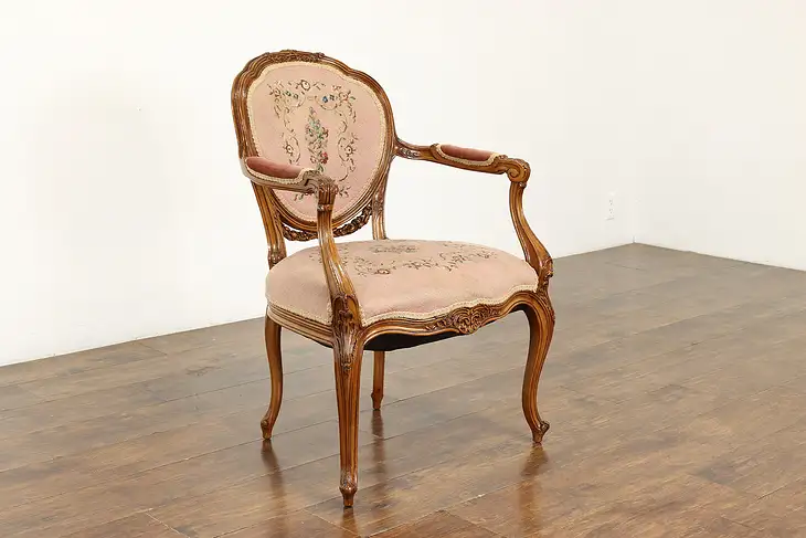 French Style Vintage Beech Chair, Needlepoint & Petit Point Upholstery #40725