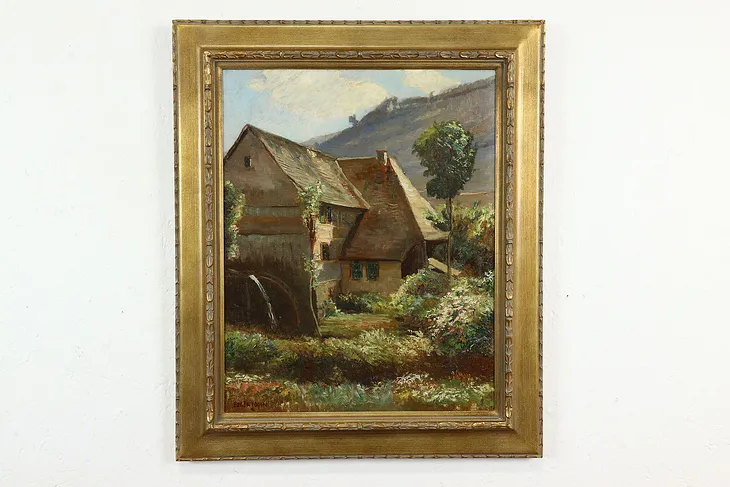 Millhouse & Water Wheel Antique German Original Oil Painting, John 25" #40492