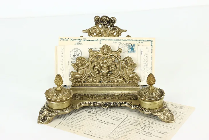 Classical Antique Brass Double Inkwell & Letter Holder, Cherubs or Angels #40565