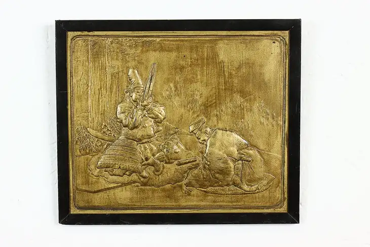 Japanese Antique Embossed Gilt Sculpture Plaque, Pan Pipe Musician Scene #40485