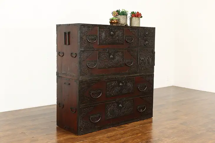 Chinese Antique Teak & Iron Stacking Campaign Chests, Secret Box #40486