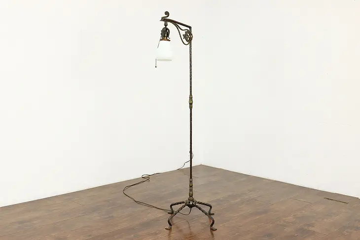 Floor Reading or Antique Adjustable Bridge Lamp, Iron & Brass #40801