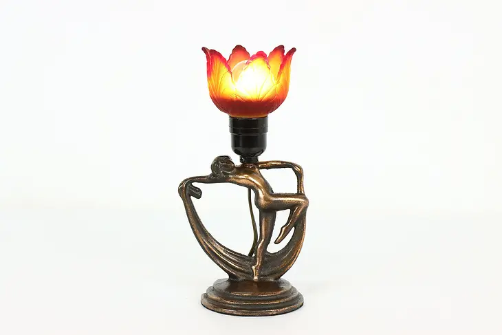 Art Deco Vintage Dancer Sculpture Lamp, Stained Glass Flower Shade #40560