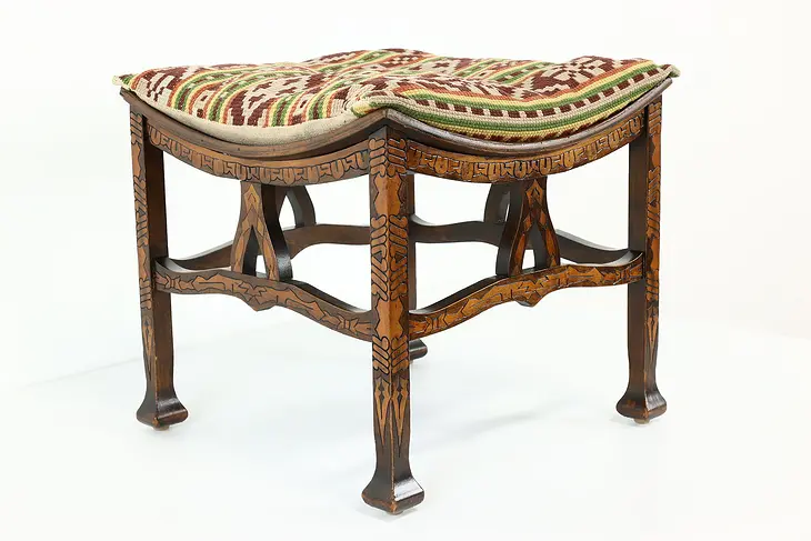 Arts & Crafts Antique Burnt Carved Stool or Bench, Needlepoint #40364