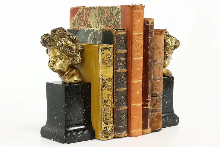 Pair of Vintage Cherub Head Figure Bookends, Faux Marble Bases #40760