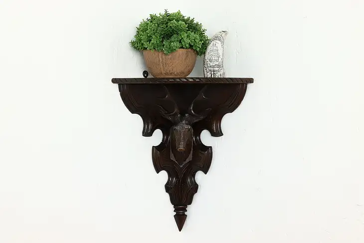 Victorian Antique Corner Wall Shelf, Carved Deer Head Sculpture #40726