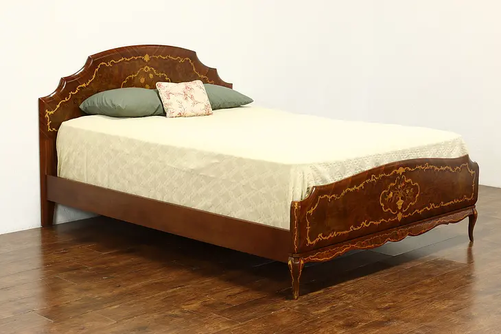 Italian Marquetry Vintage Walnut & Elm Burl Queen Size Bed #40680