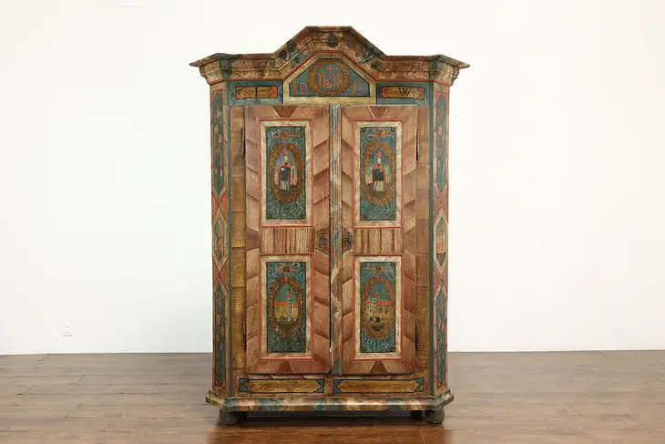 Bavarian German Antique 1815 Pine Hand Painted Armoire, Wardrobe, Closet #40499