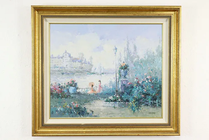Riverside Garden & Distant City Vintage Original Oil Painting, Dupre 31" #35856
