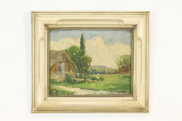 Summertime Cottage & Washing Antique Original Oil Painting, Brown 14.5" #40443