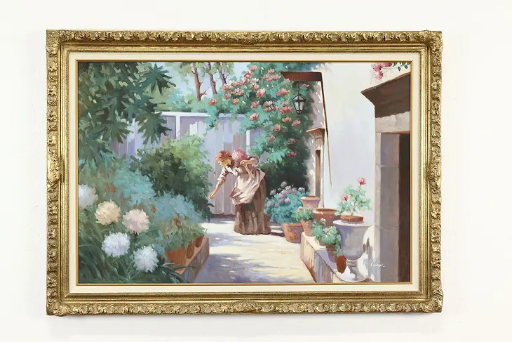 In a Garden Courtyard Vintage Original Oil Painting, Candi 42.5" #40100