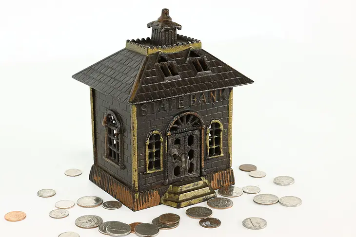 Victorian Cast Iron Antique State Bank Coin Bank, Lock & Key #39901