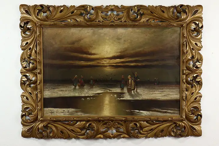 Clam Diggers at Low Tide Antique Original Oil Painting, Munsterfeld 54" #40226