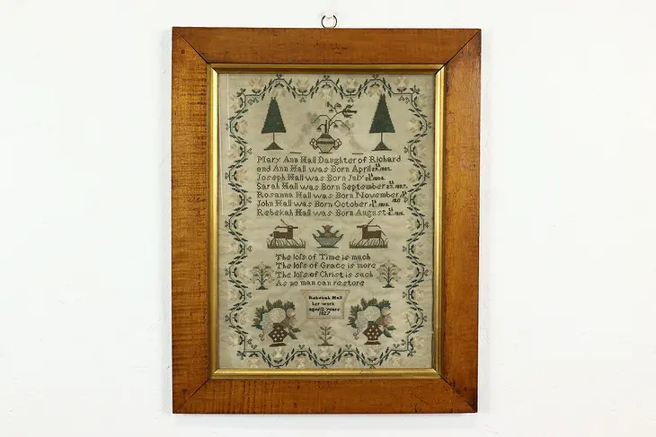 Child's Antique Hand Stitched Sampler in Frame, Signed Rebekah Hall 1827 #40699