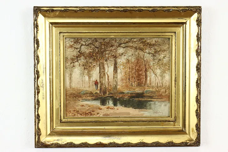 Woman in Forest Antique Original Watercolor Painting, Mediary 19" #40440