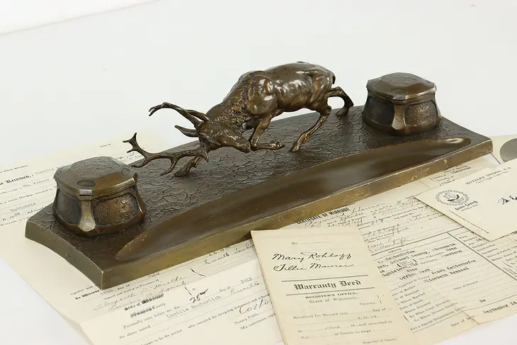Farmhouse Bronze Antique Double Inkwell & Pen Holder, Stag Deer Sculpture #40817
