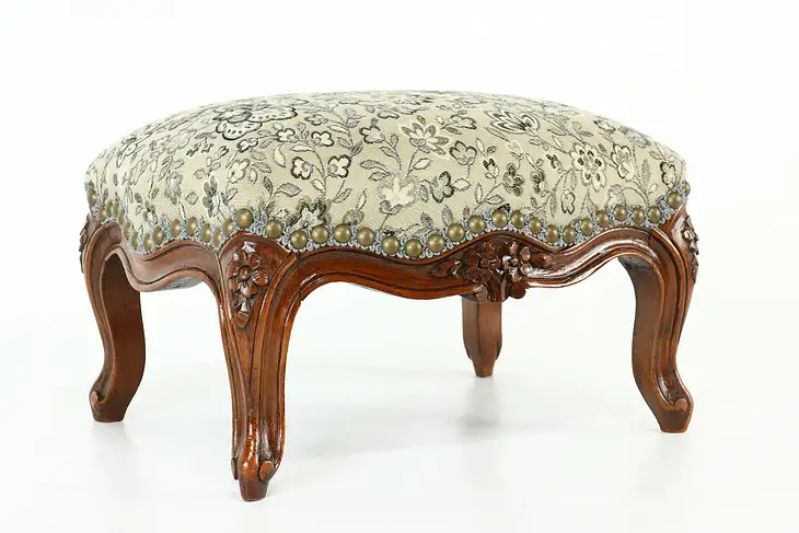 Country French Carved Walnut Footstool, New Upholstery #40855