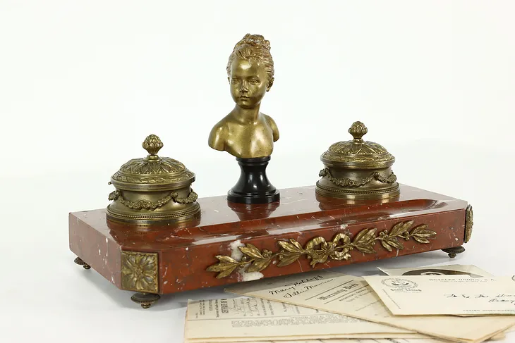 French Antique Marble & Bronze Desk Inkwell, Sculpture Bust after Houdon #40496