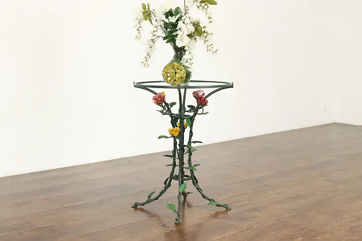 Wrought Iron Antique Italian Plant Stand or End Table Hand Painted Roses #40211