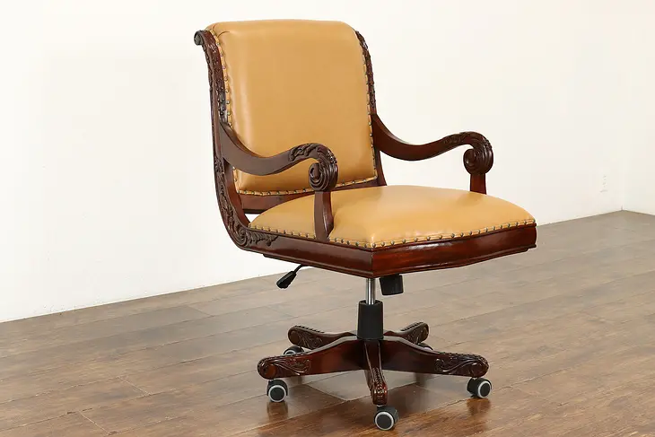 Vintage Leather Carved Swivel Office or Library Desk Chair Tall Size #40860