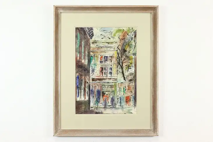 Busy Street Scene Vintage Original Watercolor & Ink Painting Cooper 30.5" #40429