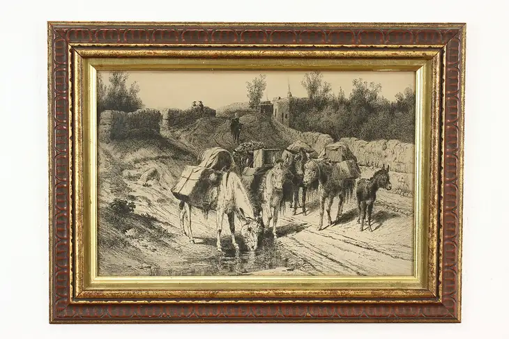 Pack Mules Resting Antique Etching Print, Moran 22.5" #40411