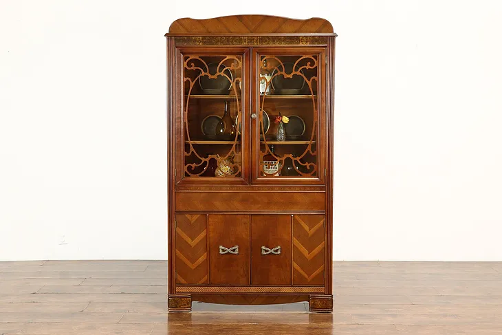 Art Deco Vintage Walnut & Birch China or Curio Display Cabinet, Bookcase #40198