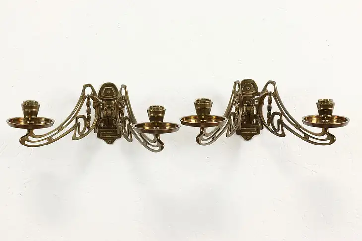 Pair of Art Nouveau Antique Brass Double Candle Wall Sconces #40363