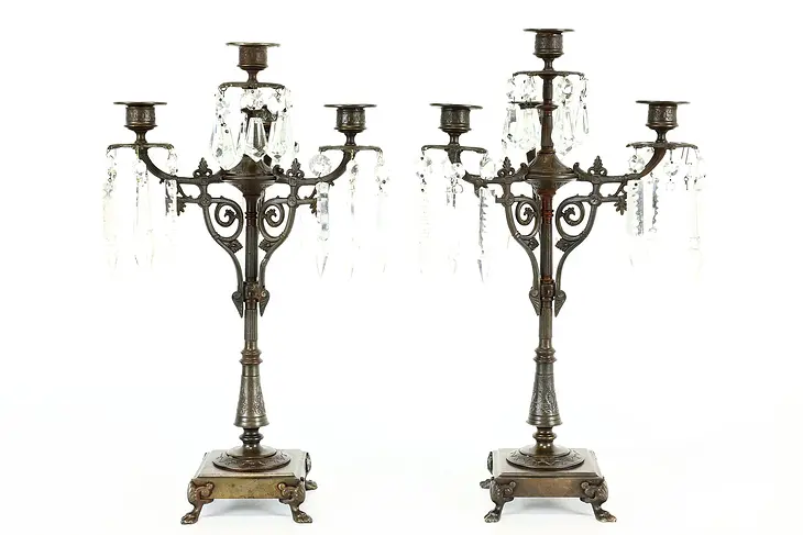 Pair of Victorian Antique 4 Candle Iron & Crystal Candelabras, Paw Feet #40875