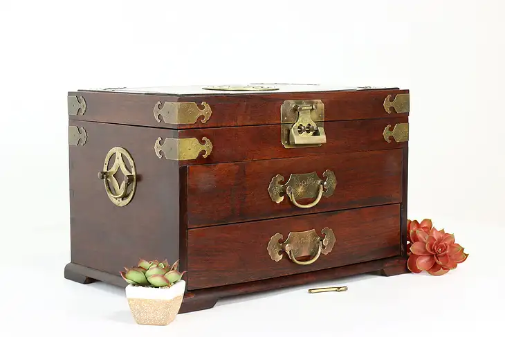 Chinese Vintage Mahogany Silk Lined Jewelry Chest, George Zee #40439