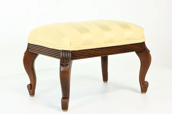 Walnut Vintage Carved Footstool, New Upholstery #40857