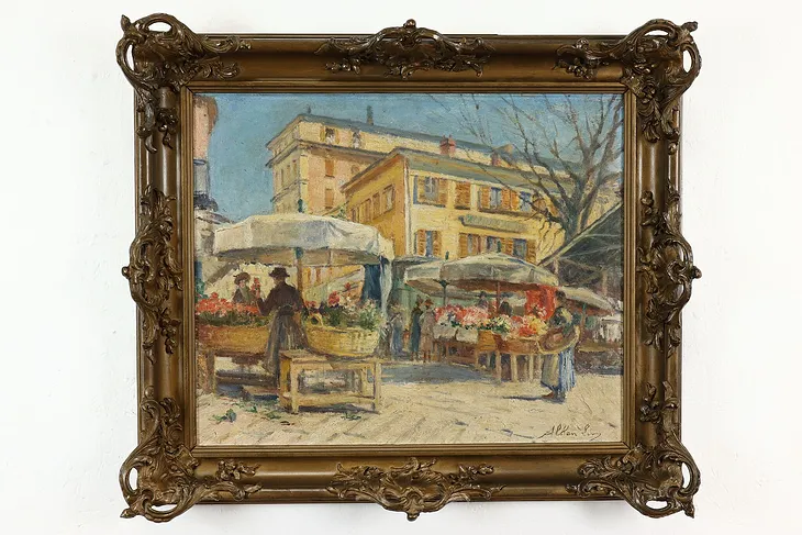 Flower Market in France Antique Original Oil Painting 1925 Alkan Levy 30" #39838