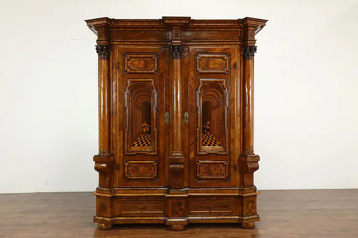 German Baroque Antique 1720 Mahogany & Rosewood Marquetry Armoire #40498