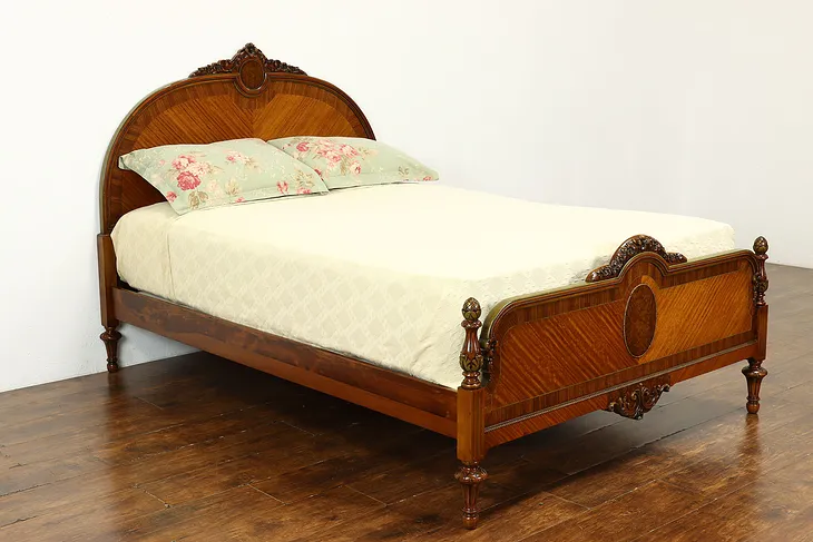French Style Antique Carved Satinwood & Burl Full Size Bed #37370
