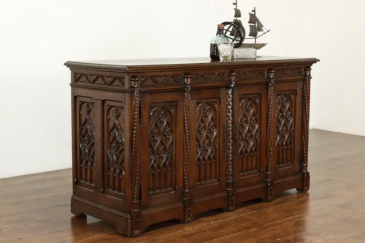 French Gothic Antique Carved Oak Cabinet, Bar or TV Console, Wimphen #40247