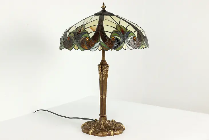 Leaded Stained Glass Shade On Antique Office Desk or Library Lamp #40868