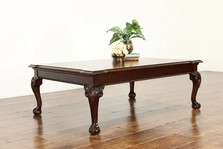 Georgian Style Banded Flame Grain Mahogany Coffee Table, Ball & Claw Feet #41042