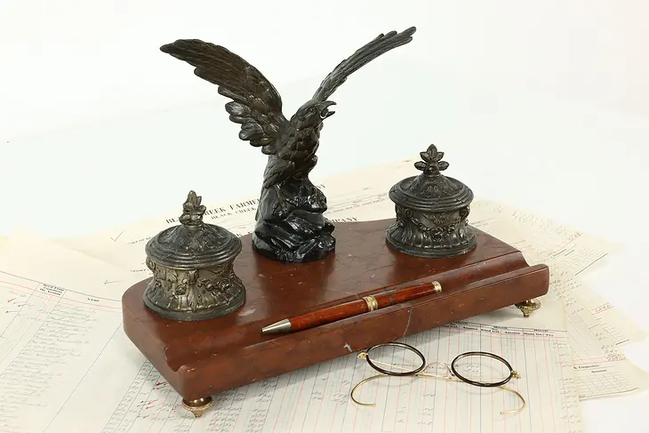 French Antique Red Marble Double Inkwell with Eagle Statue, Molette #40497