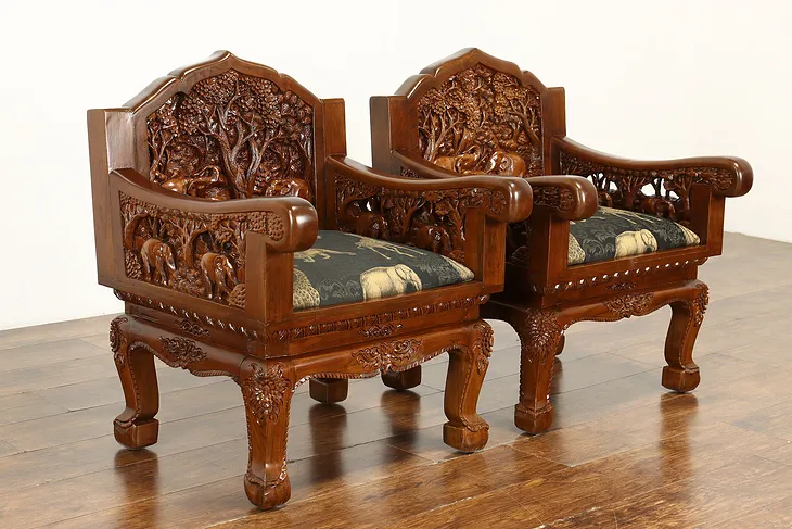 Pair of Vintage Elephant Hand Carved Teak Armchairs, New Upholstery #38364