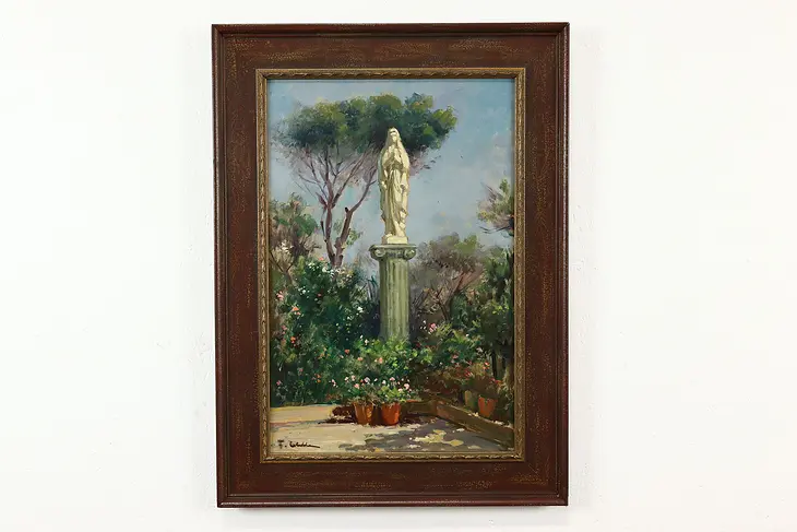 Garden with Statuary Vintage Original Oil Painting, 1969 Colella 29.5" #39617