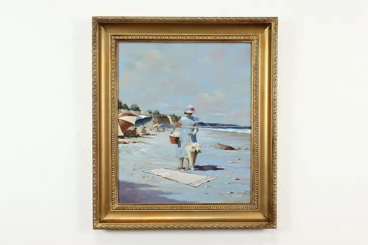 Picnic at the Beach Vintage Original Oil Painting, Candi 30.5" #40495